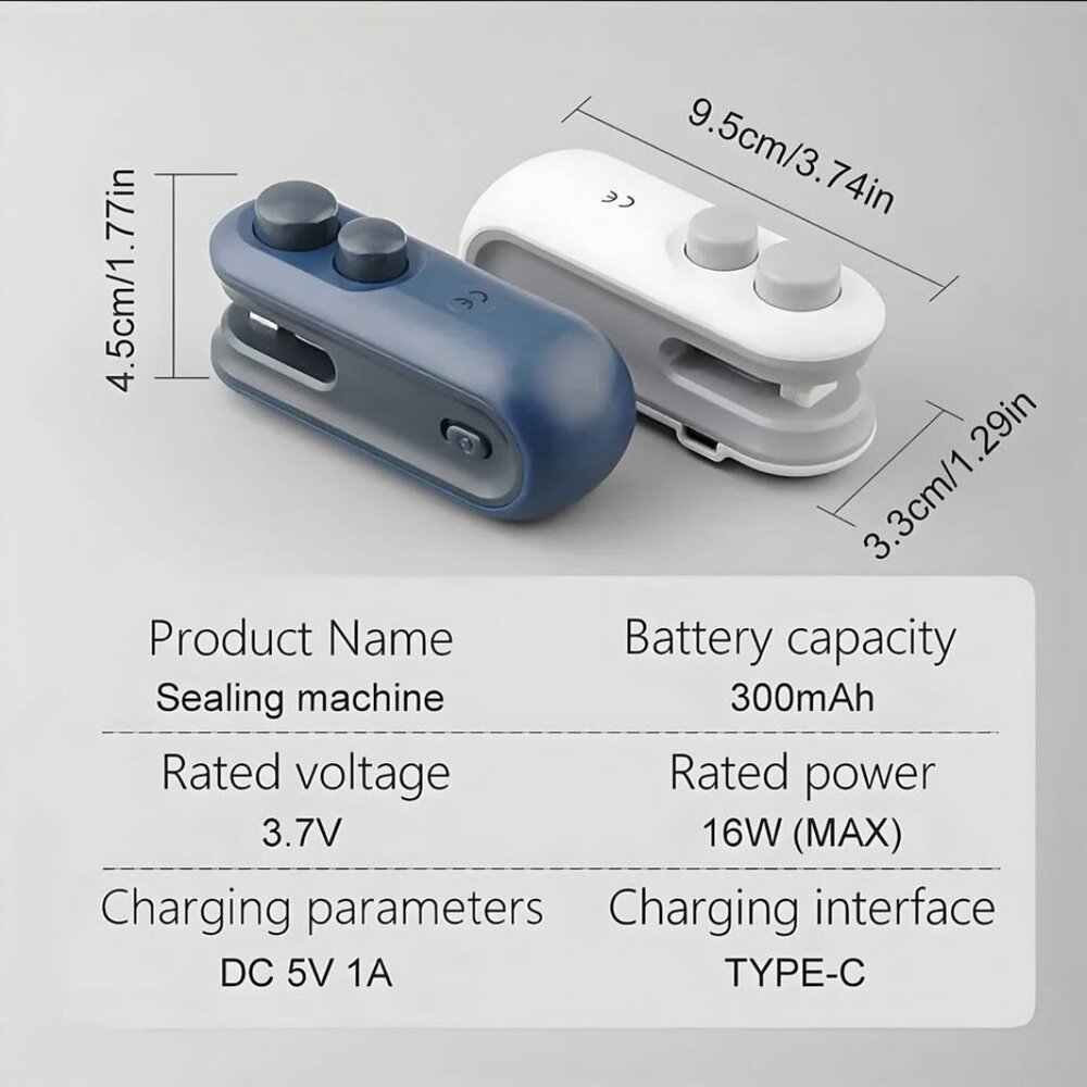 Brand New Portable Bag Sealing Machine Blue White Rechargeable Type-C 300mAh